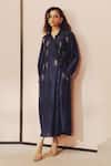 Kavya Singh Kundu_Navy Silk Beads, Embroidery Collared, V-neck Nell Hand Dress _Online_at_Aza_Fashions