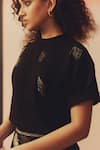Kavya Singh Kundu_Black Silk Embroidery, Metallic Thread Crew Neck Knox Hand T-shirt _Online_at_Aza_Fashions