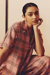 Buy_Kavya Singh Kundu_Pink Wool Pearls Collared, V-neck Rum Plaid Hand Embroidered Shirt With Pant _Online_at_Aza_Fashions