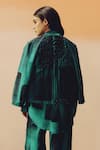 Shop Kavya Singh Kundu Teal Silk Embroidery Collared, V-neck Benji Block Printed Shirt And Pant Set at Aza Fashions Shop_Kavya Singh Kundu_Teal Silk Embroidery Collared, V-neck Benji Block Printed Shirt And Pant Set _at_Aza_Fashions