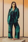 Buy Kavya Singh Kundu Teal Silk Embroidery Collared, V-neck Benji Block Printed Shirt And Pant Set at Aza Fashions Buy_Kavya Singh Kundu_Teal Silk Embroidery Collared, V-neck Benji Block Printed Shirt And Pant Set _at_Aza_Fashions