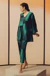 Kavya Singh Kundu_Teal Silk Beads V-neck River Hand Block Print Top With Pant _Online_at_Aza_Fashions