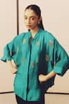 Buy_Kavya Singh Kundu_Teal Silk Embroidery, Metallic Thread Mandarin Collar Monk Hand Mulberry Shirt _at_Aza_Fashions