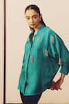 Kavya Singh Kundu_Teal Silk Embroidery, Metallic Thread Mandarin Collar Monk Hand Mulberry Shirt _Online_at_Aza_Fashions