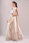 Samyukta Singhania Off White Satin Embroidery, Beads, Sequins Hand Blouse And Draped Lehenga Set at Aza Fashions Samyukta Singhania_Off White Satin Embroidery, Beads, Sequins Hand Blouse And Draped Lehenga Set _at_Aza_Fashions
