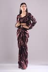Buy_Samyukta Singhania_Wine Satin, Organza Embroidery Sweetheart Printed Jacket And Draped Skirt Set _at_Aza_Fashions