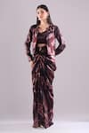Shop_Samyukta Singhania_Wine Satin, Organza Embroidery Sweetheart Printed Jacket And Draped Skirt Set _Online_at_Aza_Fashions