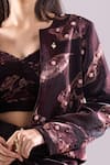 Buy_Samyukta Singhania_Wine Satin, Organza Embroidery Sweetheart Printed Jacket And Draped Skirt Set 