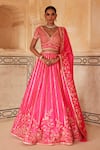 Buy_Vinita Bhansali_Pink Silk Embroidery, Sequins, Zari V-neck Gulbaag Hand Lehenga Set _at_Aza_Fashions