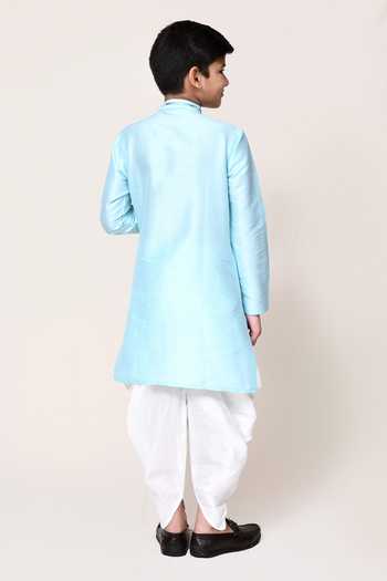 Shop_Petite Pomme_Sky Blue Silk Asymmetric Kurta And Dhoti Pant Set _at_Aza_Fashions