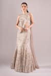Shop_Samyukta Singhania_Beige Net, Lycra Sequins, Embroidery Round Neck Hand Mermaid Lehenga Set _Online_at_Aza_Fashions