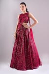 Shop_Samyukta Singhania_Red Net, Lycra Embroidery, Sequins Round Neck Hand Lehenga Set _Online_at_Aza_Fashions