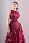 Samyukta Singhania_Red Net, Lycra Embroidery, Sequins Round Neck Hand Lehenga Set _at_Aza_Fashions