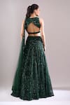 Shop_Samyukta Singhania_Emerald Green Net, Lycra Sequins, Embroidery Round Neck Hand Lehenga Blouse Set _at_Aza_Fashions