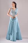 Shop_Samyukta Singhania_Sky Blue Satin Beads, Embroidery, Stones Hand Draped Lehenga And Blouse Set _Online_at_Aza_Fashions