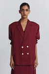 Buy Line Out Line Maroon Tencel, Twill Collared, V-neck Puff Sleeve Shirt at Aza Fashions Buy_Line Out Line_Maroon Tencel, Twill Collared, V-neck Puff Sleeve Shirt _at_Aza_Fashions