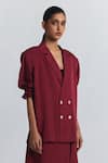 Line Out Line Maroon Tencel, Twill Collared, V-neck Puff Sleeve Shirt at Aza Fashions Line Out Line_Maroon Tencel, Twill Collared, V-neck Puff Sleeve Shirt _at_Aza_Fashions