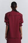 Shop Line Out Line Maroon Tencel, Twill Collared, V-neck Puff Sleeve Shirt at Aza Fashions Shop_Line Out Line_Maroon Tencel, Twill Collared, V-neck Puff Sleeve Shirt _at_Aza_Fashions