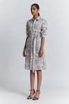 Line Out Line Beige Cotton, Linen Piping Collared, Button-down Printed Shirt Dress With Belt Online at Aza Fashions Line Out Line_Beige Cotton, Linen Piping Collared, Button-down Printed Shirt Dress With Belt _Online_at_Aza_Fashions