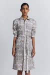 Line Out Line Beige Cotton, Linen Piping Collared, Button-down Printed Shirt Dress With Belt at Aza Fashions Line Out Line_Beige Cotton, Linen Piping Collared, Button-down Printed Shirt Dress With Belt _at_Aza_Fashions