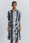 Buy Line Out Line Blue Cotton Satin Collared Plaid Shirt Dress Buy_Line Out Line_Blue Cotton Satin Collared Plaid Shirt Dress