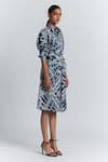 Line Out Line Blue Cotton Satin Collared, Button-down Neck Geometric Print Shirt Midi Dress Online at Aza Fashions Line Out Line_Blue Cotton Satin Collared, Button-down Neck Geometric Print Shirt Midi Dress _Online_at_Aza_Fashions