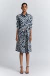 Buy Line Out Line Blue Cotton Satin Collared, Button-down Neck Geometric Print Shirt Midi Dress at Aza Fashions Buy_Line Out Line_Blue Cotton Satin Collared, Button-down Neck Geometric Print Shirt Midi Dress _at_Aza_Fashions
