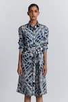 Shop Line Out Line Blue Cotton Satin Collared, Button-down Neck Geometric Print Shirt Midi Dress Online at Aza Fashions Shop_Line Out Line_Blue Cotton Satin Collared, Button-down Neck Geometric Print Shirt Midi Dress _Online_at_Aza_Fashions