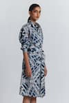 Line Out Line Blue Cotton Satin Collared, Button-down Neck Geometric Print Shirt Midi Dress at Aza Fashions Line Out Line_Blue Cotton Satin Collared, Button-down Neck Geometric Print Shirt Midi Dress _at_Aza_Fashions