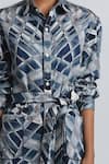 Buy Line Out Line Blue Cotton Satin Collared, Button-down Neck Geometric Print Shirt Midi Dress Buy_Line Out Line_Blue Cotton Satin Collared, Button-down Neck Geometric Print Shirt Midi Dress