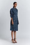 Line Out Line Blue Cotton Satin Collared, Button-down Neck Geometric Print Shirt Midi Dress Online at Aza Fashions Line Out Line_Blue Cotton Satin Collared, Button-down Neck Geometric Print Shirt Midi Dress _Online_at_Aza_Fashions
