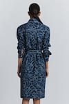 Line Out Line Blue Cotton Satin Collared, Button-down Neck Geometric Print Shirt Midi Dress at Aza Fashions Line Out Line_Blue Cotton Satin Collared, Button-down Neck Geometric Print Shirt Midi Dress _at_Aza_Fashions