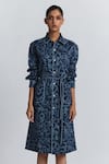 Buy Line Out Line Blue Cotton Satin Collared, Button-down Neck Geometric Print Shirt Midi Dress Buy_Line Out Line_Blue Cotton Satin Collared, Button-down Neck Geometric Print Shirt Midi Dress
