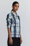 Buy Line Out Line Blue Cotton Satin Collared, V-neck Plaid Pattern Shacket Buy_Line Out Line_Blue Cotton Satin Collared, V-neck Plaid Pattern Shacket