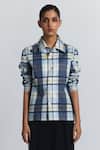 Buy Line Out Line Blue Cotton Satin Collared, V-neck Plaid Pattern Shacket at Aza Fashions Buy_Line Out Line_Blue Cotton Satin Collared, V-neck Plaid Pattern Shacket _at_Aza_Fashions