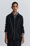 Buy Line Out Line Navy Denim, Twill Collared Zipper Detail Bomber Jacket at Aza Fashions Buy_Line Out Line_Navy Denim, Twill Collared Zipper Detail Bomber Jacket _at_Aza_Fashions