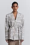 Buy Line Out Line Beige Cotton, Linen Abstract Printed Belted Blazer at Aza Fashions Buy_Line Out Line_Beige Cotton, Linen Abstract Printed Belted Blazer _at_Aza_Fashions