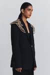 Line Out Line_Navy Denim, Twill Applique Structured Shoulder Detail Blazer _at_Aza_Fashions