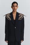 Buy_Line Out Line_Navy Denim, Twill Applique Structured Shoulder Detail Blazer _at_Aza_Fashions
