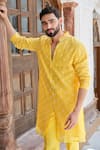 Darzi House_Yellow Cotton, Chanderi Embroidery, Sequins, Beads Sunlit Charm Kurta Set _at_Aza_Fashions
