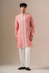 Darzi House_Peach Cotton, Jacquard Beads Cerise Glow Geoemtric Pattern Kurta Set _Online_at_Aza_Fashions