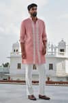 Buy_Darzi House_Peach Cotton, Jacquard Beads Cerise Glow Geoemtric Pattern Kurta Set _at_Aza_Fashions