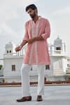 Buy_Darzi House_Peach Cotton, Jacquard Beads Cerise Glow Geoemtric Pattern Kurta Set _Online_at_Aza_Fashions