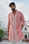 Shop_Darzi House_Peach Cotton, Jacquard Beads Cerise Glow Geoemtric Pattern Kurta Set _Online_at_Aza_Fashions