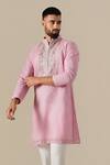 Shop Darzi House Pink Cotton, Jacquard Embroidery, Pearls Petal Court Kurta Set Online at Aza Fashions Shop_Darzi House_Pink Cotton, Jacquard Embroidery, Pearls Petal Court Kurta Set _Online_at_Aza_Fashions