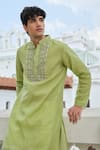 Darzi House Green Cotton, Jacquard Embroidery, Beads, Zari Placket And Printed Kurta Set at Aza Fashions Darzi House_Green Cotton, Jacquard Embroidery, Beads, Zari Placket And Printed Kurta Set _at_Aza_Fashions