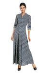 Buy_Soup By Sougat Paul_Blue Linen Satin Spread Collar Printed Maxi Dress _at_Aza_Fashions