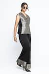 SOBARIKO Black Silk, Modal, Satin Metallic Thread V-neck Alia Gilet With Jumpsuit Online at Aza Fashions SOBARIKO_Black Silk, Modal, Satin Metallic Thread V-neck Alia Gilet With Jumpsuit _Online_at_Aza_Fashions