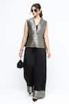 Shop SOBARIKO Black Silk, Modal, Satin Metallic Thread V-neck Alia Gilet With Jumpsuit at Aza Fashions Shop_SOBARIKO_Black Silk, Modal, Satin Metallic Thread V-neck Alia Gilet With Jumpsuit _at_Aza_Fashions