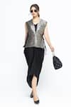 Buy_SOBARIKO_Black Silk V-neck Alia Brocade Gilet With Asymmetric Dress _at_Aza_Fashions